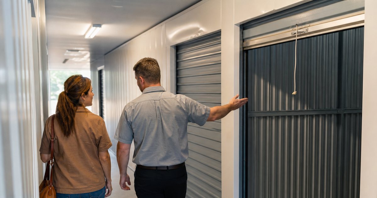 Storage manager walking a customer past two different-sized open unit doors in a facility hallway, gesturing toward the larger one, natural light at the corridor end
