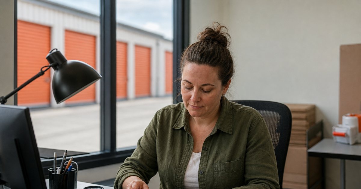 Self-storage manager at a desk sorting index cards into two piles, coffee mug and desk lamp, a window showing a row of orange unit doors outside