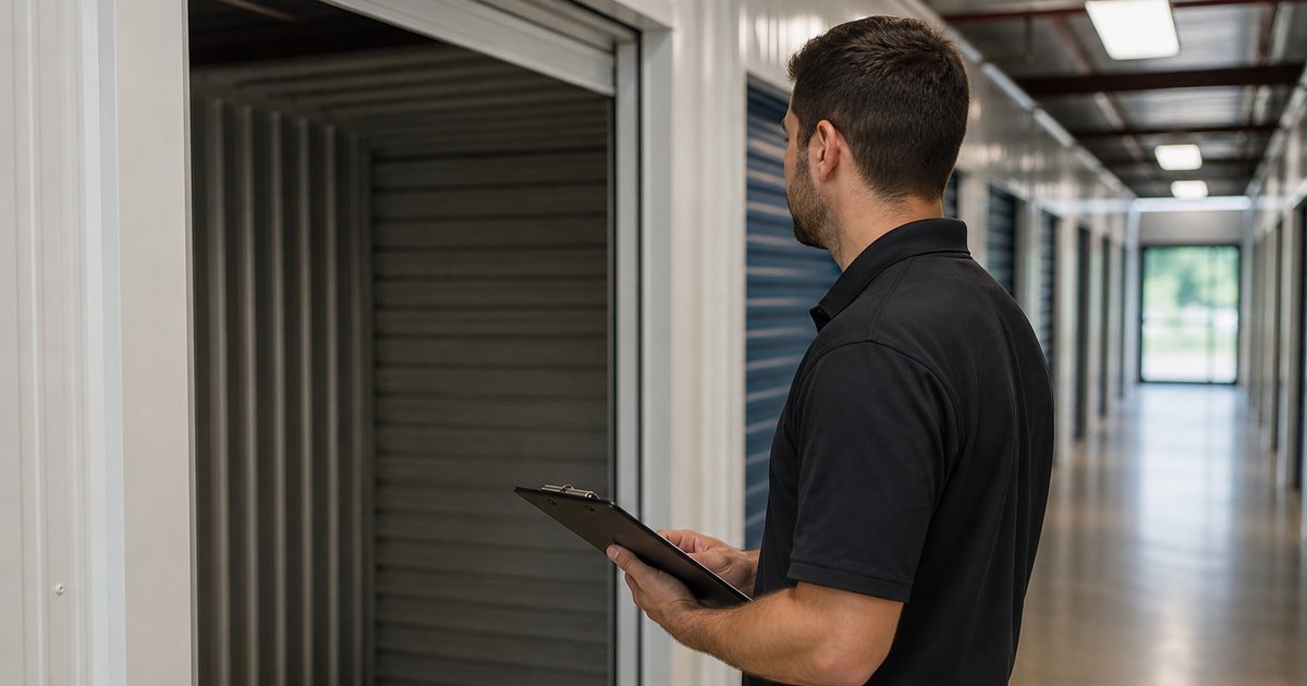 Empty self-storage unit with roll-up door open, a manager in a polo shirt standing in the hallway holding a clipboard, morning light through the corridor