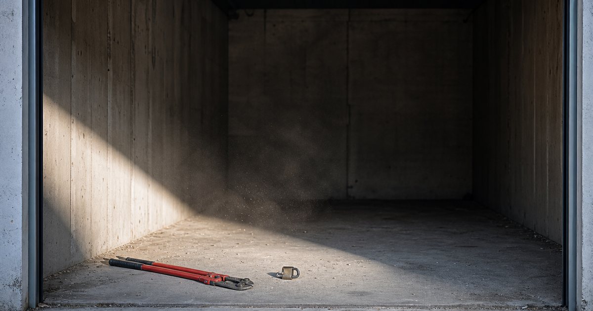 An empty concrete self-storage unit with the metal roll-up door raised, a heavy padlock and a pair of bolt cutters resting on the swept floor, dust drifting in a shaft of morning daylight