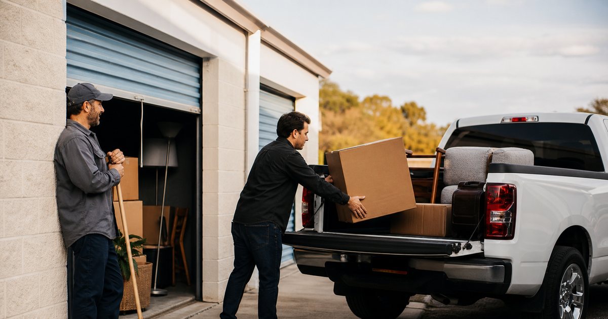 Tenant loading the last boxes from a self-storage unit into a pickup truck, unit door half raised, manager nearby with a broom, late afternoon light