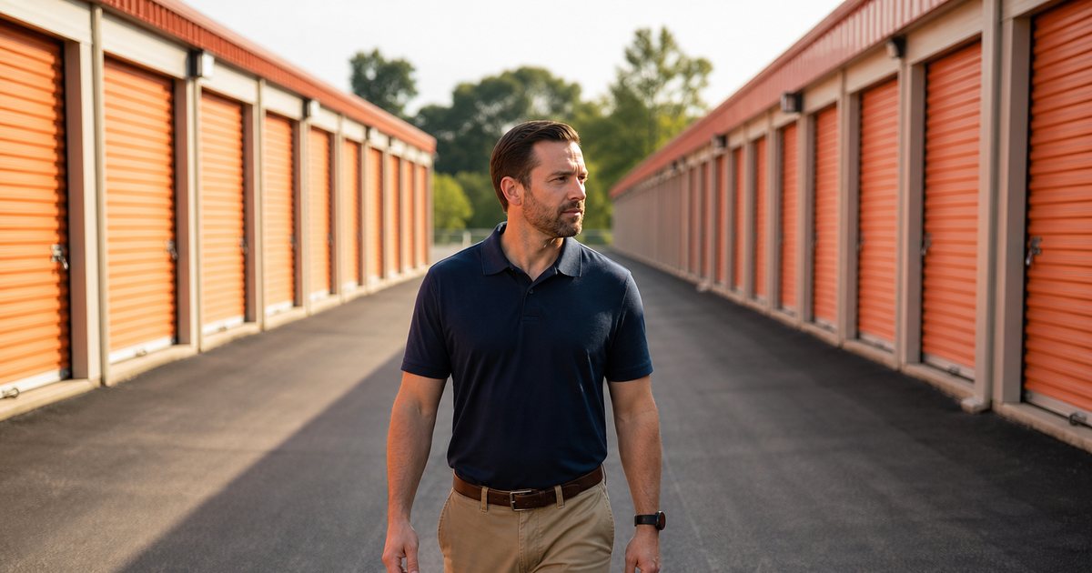 A storage facility manager in a navy polo shirt walking down an outdoor drive aisle between two long rows of orange roll-up doors, keys in hand, late afternoon sunlight raking across the pavement