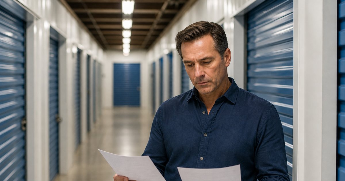 Self-storage owner standing in a corridor of climate-controlled units comparing two printed rate sheets, fluorescent lighting, clean concrete floor