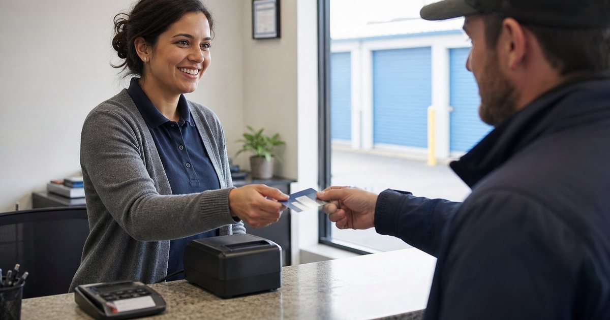 Customer handing a credit card across a self-storage rental office counter, manager with a receipt printer, bright office with a window view of unit doors