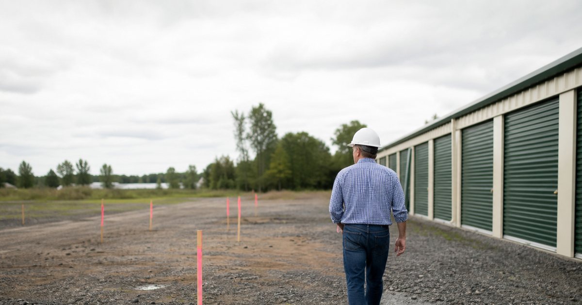 Self-storage owner in a hard hat walking an empty gravel lot beside an existing row of units, surveyor stakes in the ground, overcast sky