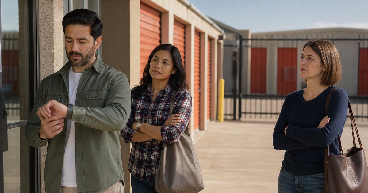 Three customers waiting near a self-storage office door on a sunny afternoon, one checking a watch, orange roll-up doors and a gate in the background